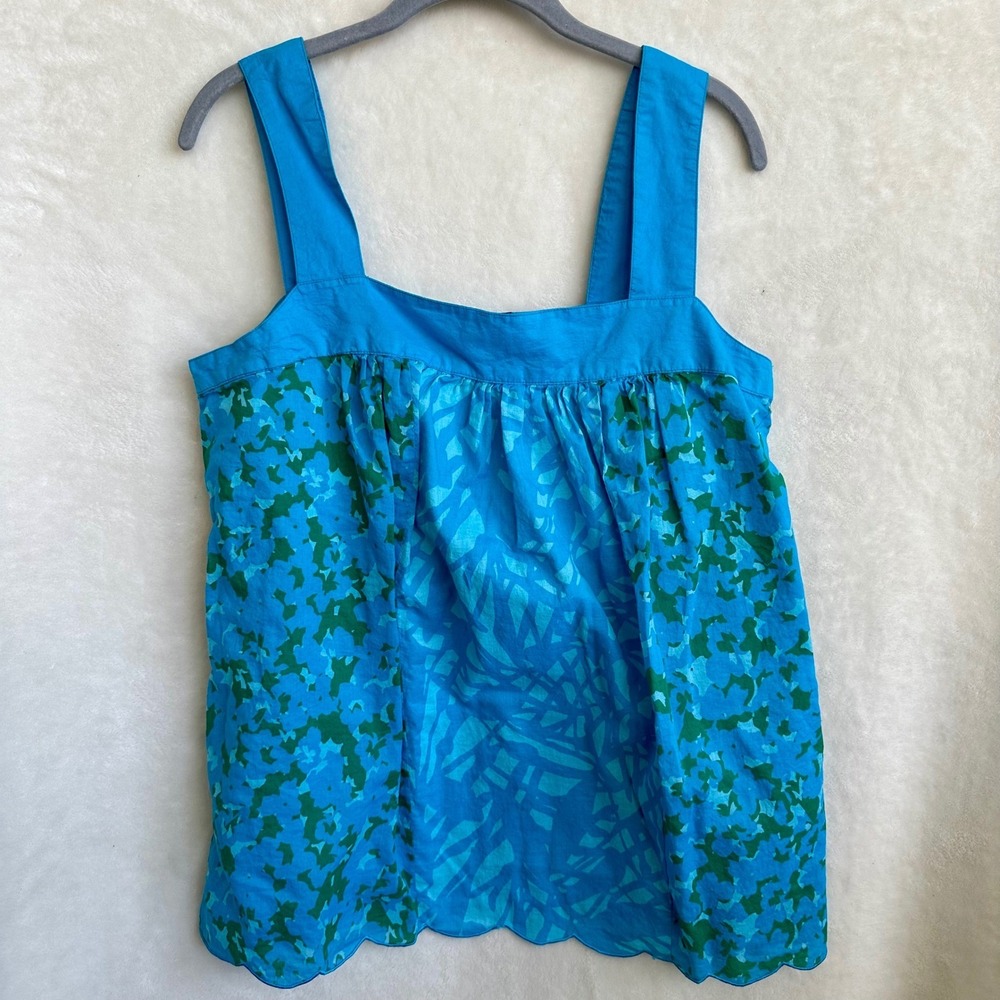 Mixit Turquoise Tropical Floral Babydoll Tank Top Scalloped Hem Size Large